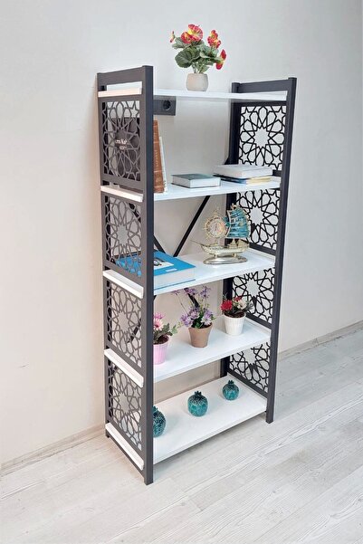 adımshops Desenli, Lazer Kesim, Metal, 5'li Raf,çiçeklik,kitaplık, Dolap
