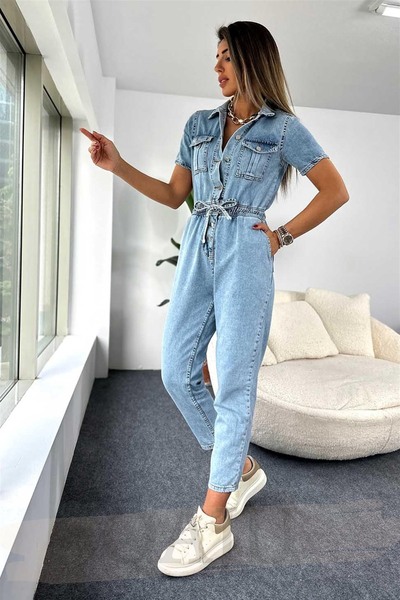 Qaju Women's Light Blue Jean Jumpsuit with Pocket and Waist Tightening (Waist Drawstring) Detail