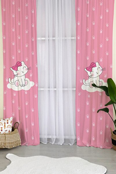 milroma Cloud Cat Pattern Velvet Baby and Kids Room Background Curtain - Pink