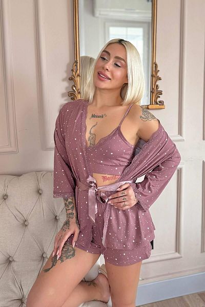 Pijamaevi Set de pijamale de damă cu stele roz închis, cu modele de bambus, pantaloni scurți