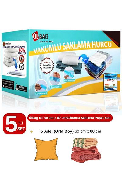 ÜLBAG Σετ 5 σακούλες κενού αέρος 60 cm x 80 cm μαξιλάρι, ρούχα και κουβέρτα σε συσκευασία κενού αέρος