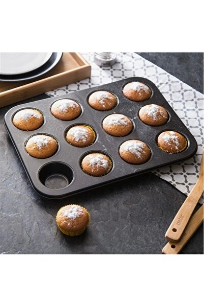 btm home مجموعة من 12 قالب مافن وكب كيك غير لاصق - براوني، مجموعة خبز الكيك