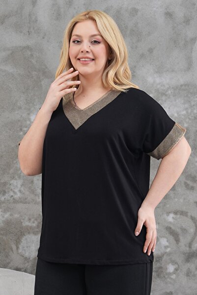 Siyezen Large Size V-Neck Collar Sleeves Glitter Blouse