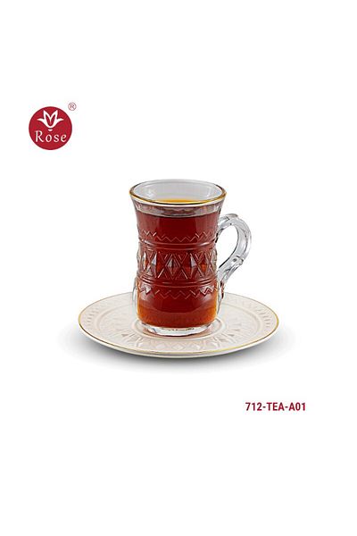 Rose CR-712-Tea set consisting of 6 transparent glass tea cups and 6 saucers made of ceramic with distinctive modern engravings