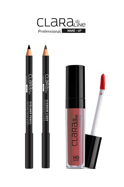 Clara Scarlet Seduction Clara Line Lipcream Matte 411+eyeliner pen 101+ eyebrow liner 01