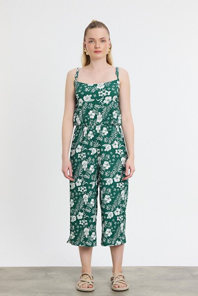 Rays 6718A Çiçek Desen Sıfır Kol Tulum Zümrüt