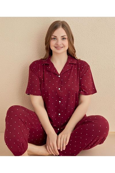 MOJADON Claret Red 100% Cotton Polka Dot Curve Large Size Oversize Pajama Set