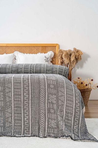 Rivaİstanbul Etno Anthracite Double 100% Cotton Muslin Pique & Bedspread