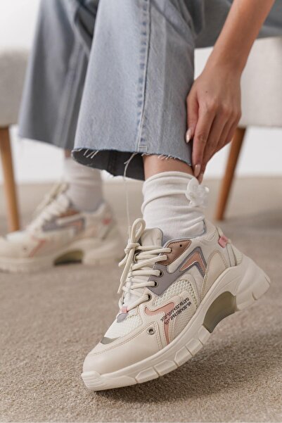 öz se shoes Lako Bej Gri Fileli Kalın Taban Kadın Spor Sneaker