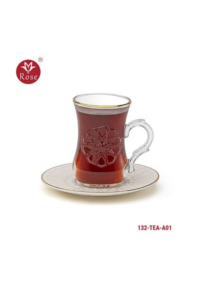 Rose CR-132-Tea set consisting of 6 transparent glass tea cups and 6 saucers made of ceramic with distinctive modern engravings