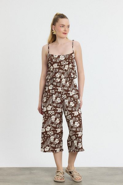 Rays Flower Patterned 6718A Zero Sleeve Jumpsuit Coffee Machine