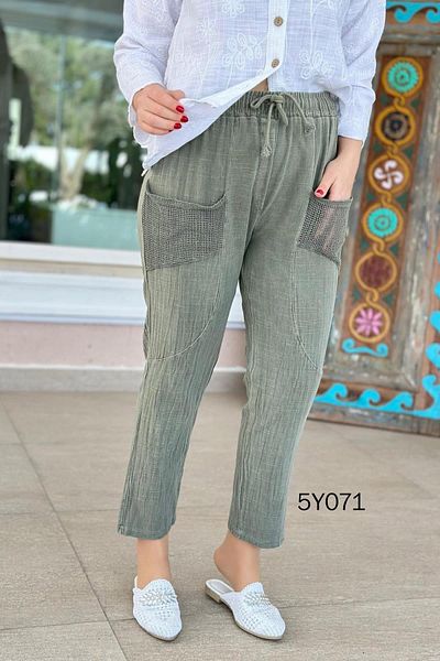 İnce Topuk Linen Trousers with Mesh Pockets 5Y071