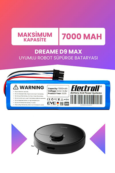 ELECTROLL Dreame D9 Max Uyumlu Batarya (Maksimum Kapasite) 7000MAH Pil Robot ...