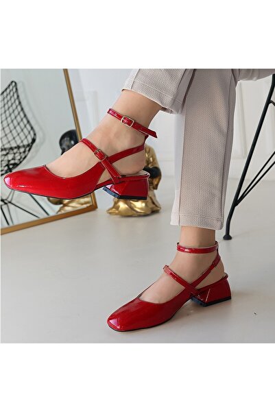 Zerenyus Karx Red Patent Leather Open Back Square Toe Helmet Short Block Heeled Shoes
