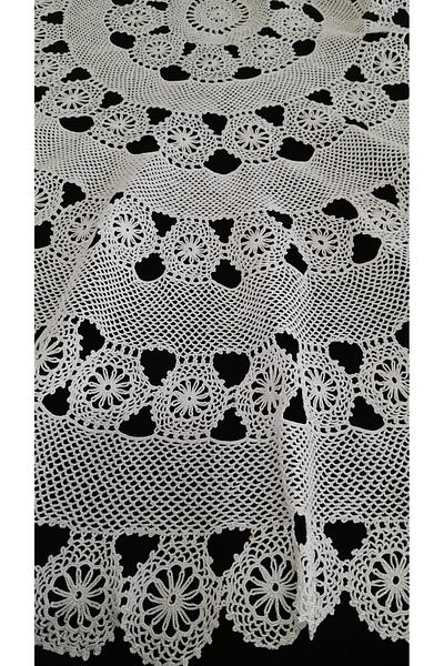 Papatyam Hand Knitted Crochet (108 cm Diameter) Fiskos Tablecloth Handcrafted Lace Set/Vintage/Floss Rope Knitting