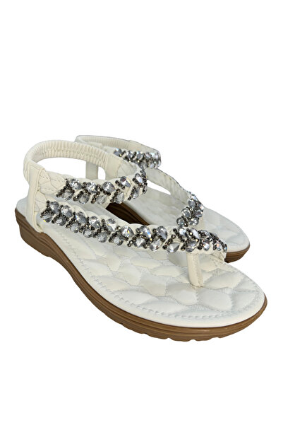 Guja BA04521 Beyaz Taşlı Parmak Arası Ful Ortopedik İthal Lastikli Sandalet