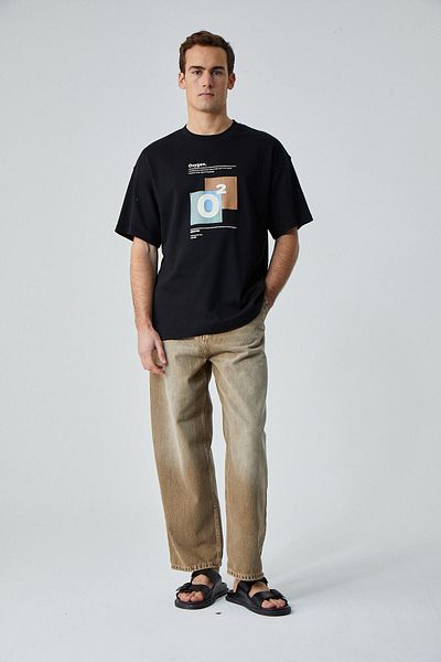 GRIMELANGE Prısmatıc Men's Black Oversize Crew Neck Printed T-shirt