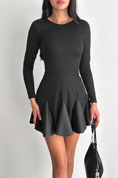 Deafox Black Long Sleeve Skirt Flared Crepe Fabric Dress