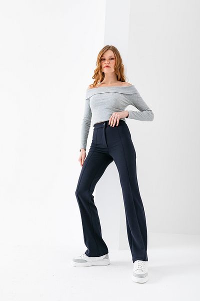 GİYSA Women's High Waist Lycra Wide Leg Trousers Navy Blue - 5111