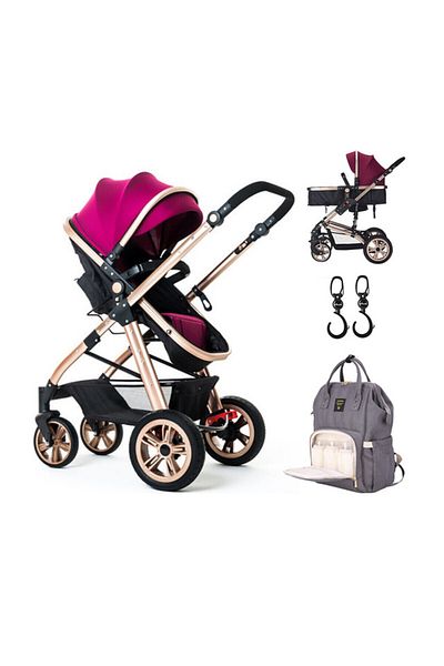 TEKNUM Teknum 3 in 1 Pram Stroller-Wine + Sunveno Diaper Bag Grey + Hooks