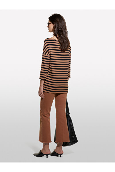 Sisley Γυναικείο μακρυμάνικο μπλουζάκι με καφέ ρίγες βισκόζης με οριζόντιες ρίγες