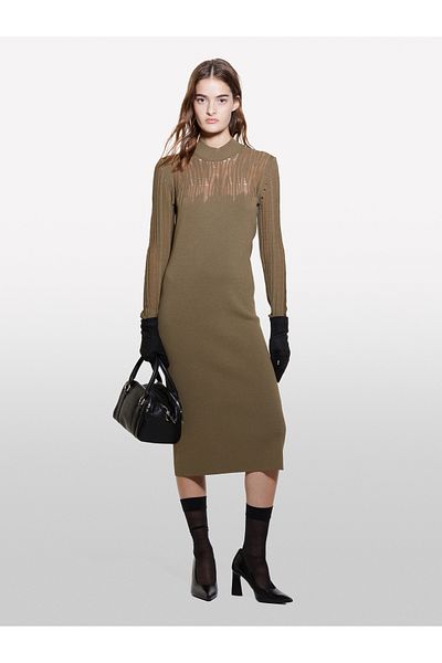 Sisley Rochie de damă, kaki, cu mâneci lungi, tricotată, cu mâneci lungi