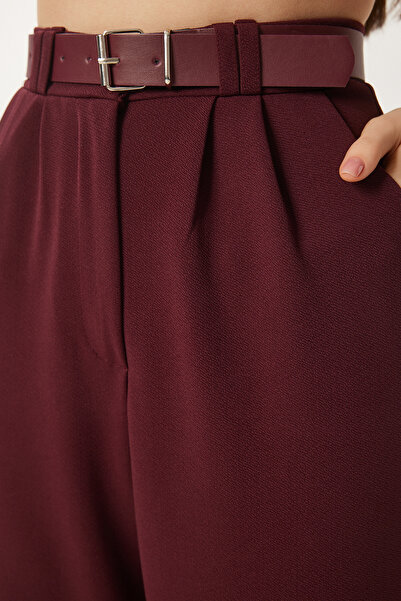 Lovelyİstanbul Kemerli Rahat Palazzo Örme Pantolon BORDO LRV0093