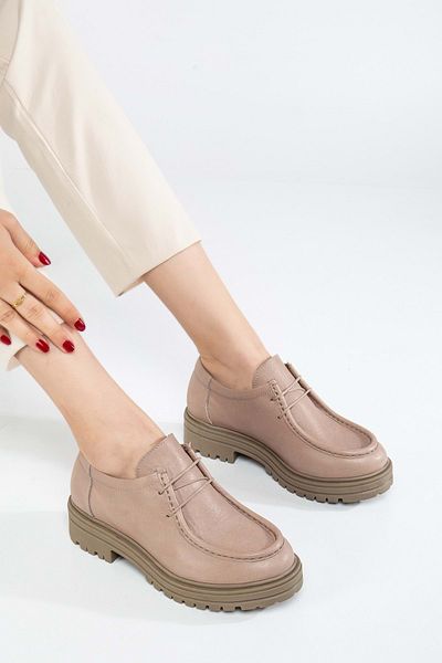 ANALİN SHOES Дамски оксфордски обувки в цвят камък - естествена кожа, дебела подметка и връзки