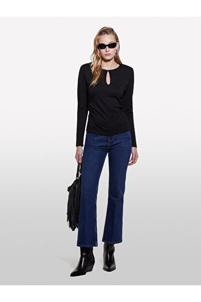 Sisley Γυναικείο παντελόνι με φαρδύ πόδι με ψηλόμεσο μονόχρωμο βαμβακερό μείγμα με πέντε τσέπες