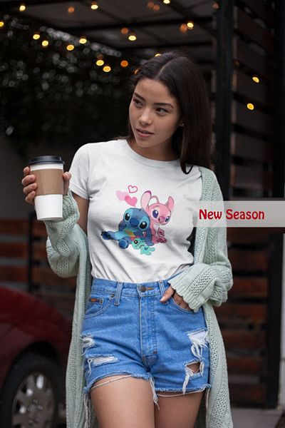 makiteks Tricou imprimat Lilo Stitch pentru femei, unisex, oversize, cu decolteu, alb, negru, gri