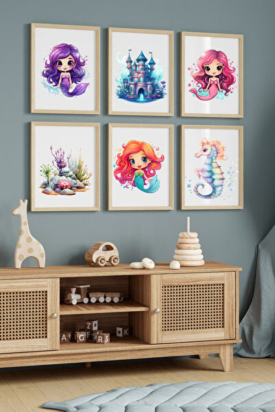 Hiras Dizayn Set de 6 postere pentru camera copiilor, sirenă drăguță, în 3 di...