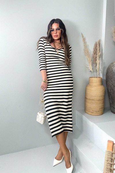 Sohotique By P Rochie cu dungi din țesătură tricotată ajurata alb-negru