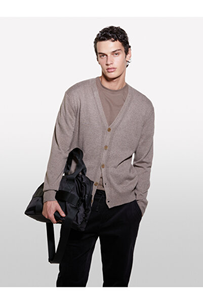 Sisley Men's Brown Melange Wool Blended Long Sleeve Ribbed Cardigan