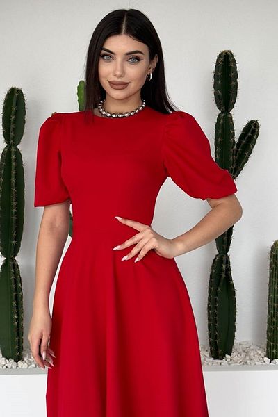 WOMAN VISION Rochie de seară roșie din țesătură Atlas roșie, cu decolteu rotund, cu mâneci prințesă, lungime midi, tăiată evazată, rochie de seară roșie 220