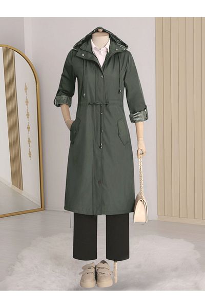 Modamorfo Khaki Colored Striped Lined Trench Coat