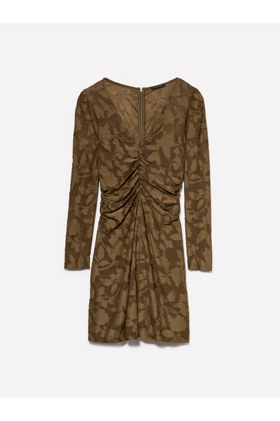 Sisley Women's Khaki Shirring Detail Long Sleeve Deep V Neck Mini Dress