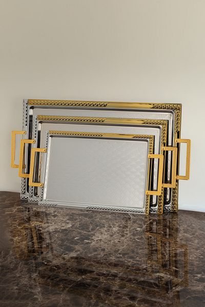 ALSAIF طقم صواني تقديم مكون من 3 قطع، تصميم عصري وأنيق يضفي لمسة مميزة على أي مساحة، ذهبي/فضي
