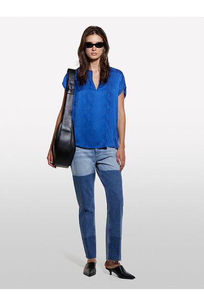 Sisley Γυναικεία Saks Blue 100% ιξώδης κανονικής κοπής μπλούζα με μανίκια κιμονό με λαιμόκοψη V
