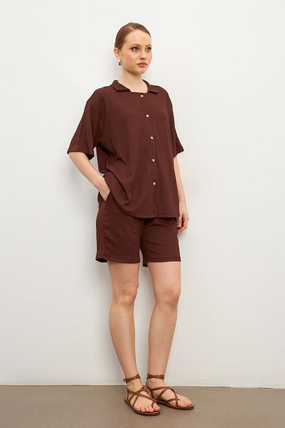 MODAGEN Women's Brown Short Sleeve Crinkle Shirt Shorts Suit