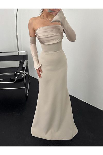 Serica Moda Βραδινό φόρεμα με πέτρινο σατέν μανίκι