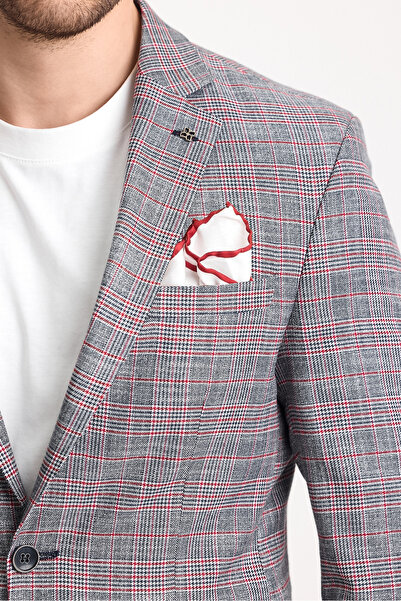 Frappoli Gasparov Erkek Gri - Bordo Ekoseli  Slim Fit Mono Yaka Blazer Ceket