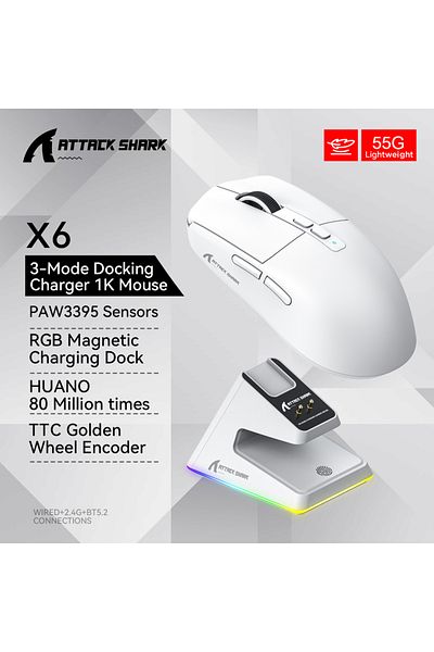 Choice ماوس X6 White Attack Shark X6 PAW3395 بلوتوث، اتصال ثلاثي الأوضاع، قاعدة شحن مغناطيسية تعمل باللمس RGB