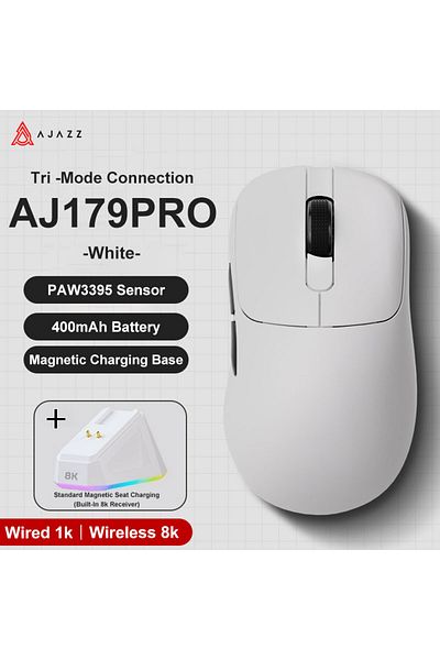 Ajazz AJ179PRO-White AJAZZ AJ179 PRO PAW3395 ماوس سلكي لاسلكي خفيف الوزن مع قاعدة شحن مغناطيسية
