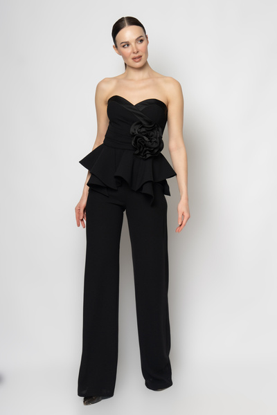 RENGIN Yakası saten bantlı beli çiçekli üst krep pantolon ikili abiye takım