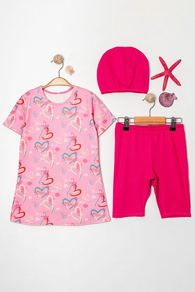 Beniizle Heart Patterned Bonnet Girl's Triple Set