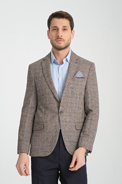 Frappoli Diocles Erkek Kahve Kareli - Ekoseli Kalın Esnemeyen Slim Fit Dar Kesim Blazer Ceket