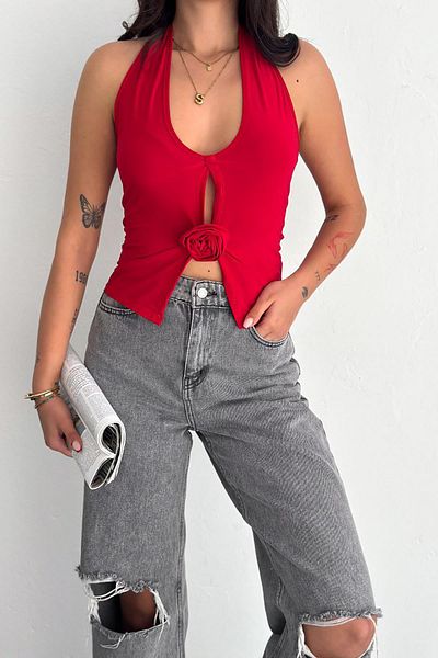 Deafox Sandy Fabric Blouse with Red Rose Brooch and Neck Strap