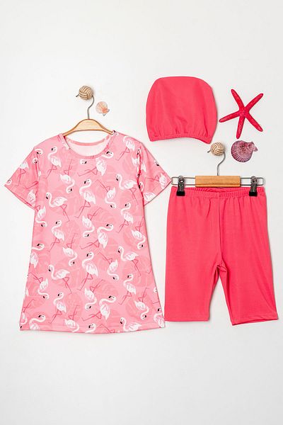 Beniizle Flamingo Patterned - Girl's Triple Swimsuit Set
