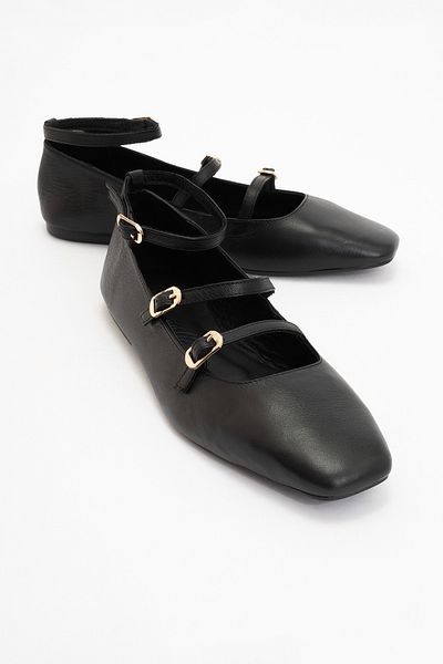 LuviShoes GLIMMER Pantofi de balerină de damă, negru, din piele naturală, cu curele la gleznă