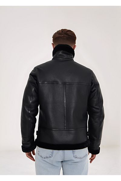 By Marki Marki Men's Genuine Leather Pilot Coat - Black, Fur Inside, Buckle Collar, 74 cm -